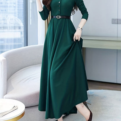 gbolsos  Solid Buttons Dress, Vintage High Waist Long Sleeve Pleated Dress, Women's Clothing