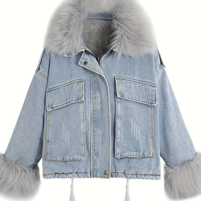 gbolsos  Fluffy Plush Collar & Cuffs Winter Warm Fur Fleece Coat, Extra Large Square Pockets Drawstring Hem Denim Jacket, Women's Denim Jackets