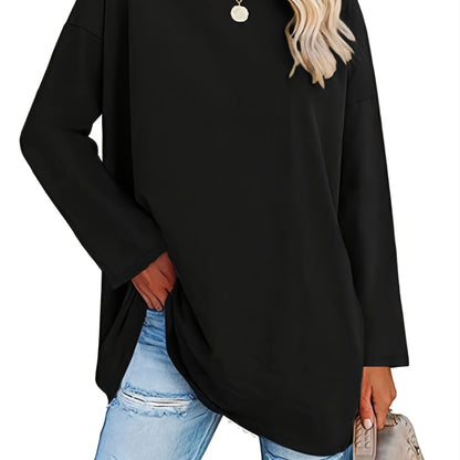 Basic Loose Solid T-Shirt, Casual Long Sleeve Crew Neck T-Shirt, Casual Every Day Tops, Women's Clothing