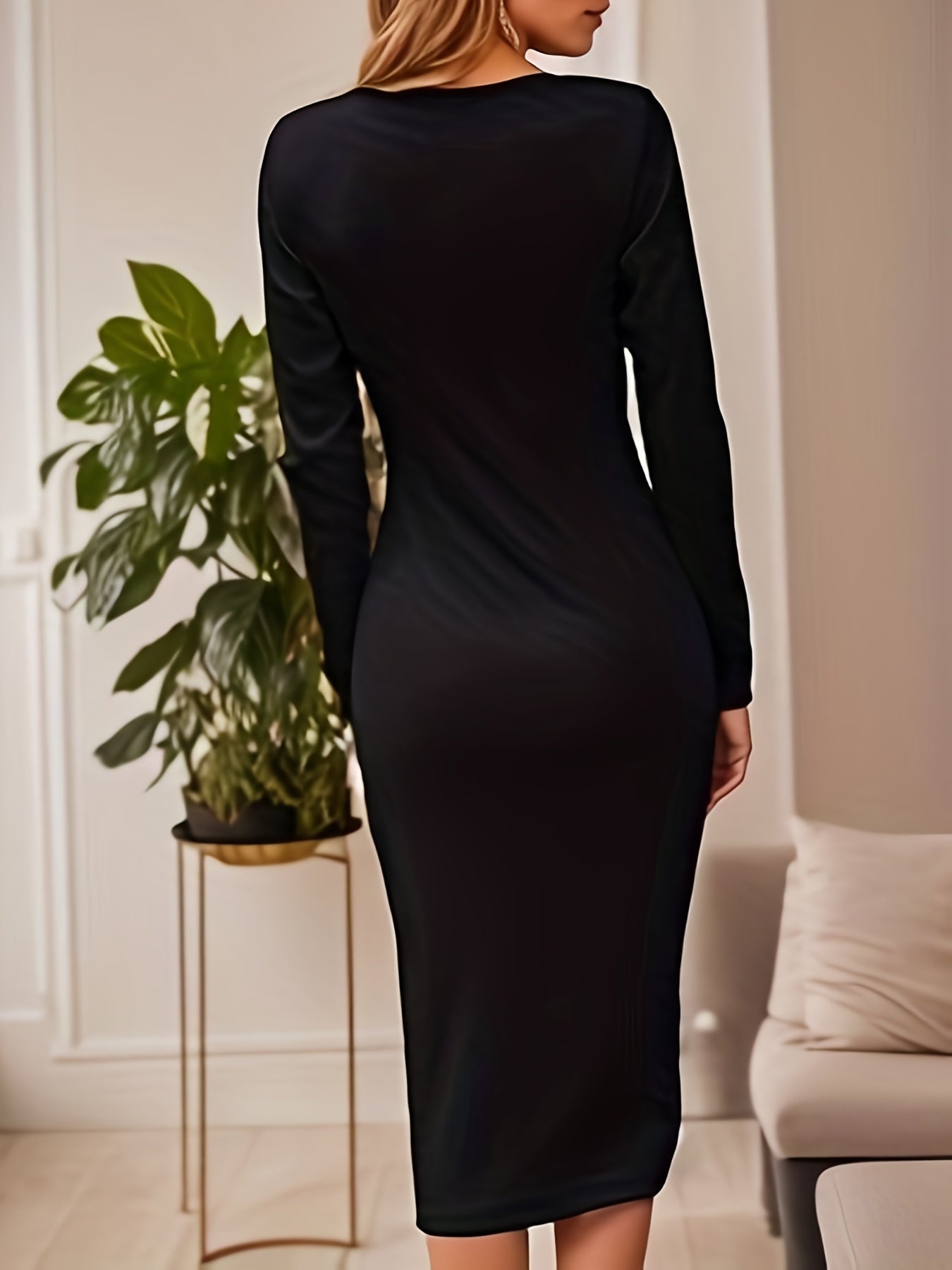 Cut Out Bodycon Dress, Sexy Crew Neck Long Sleeve Midi Dress, Women's Clothing