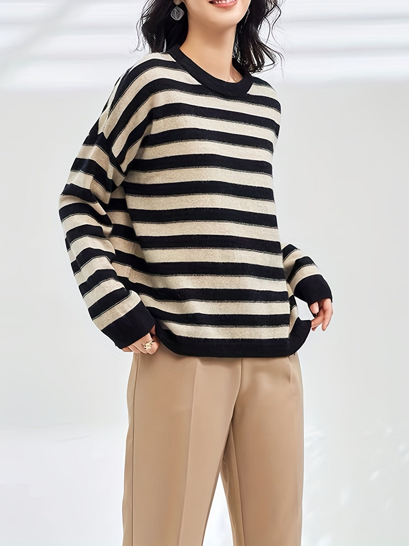 gbolsos  Striped Crew Neck Wool Sweater, Vintage Long Sleeve Loose Sweater, Women's Clothing