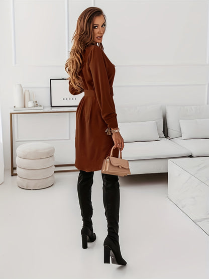 gbolsos  Button Shirt Dress With Belt, Elegant Long Sleeve Dress For Spring & Fall, Women's Clothing