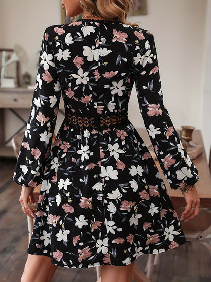 gbolsos  Floral Print Surplice Neck Dress, Elegant Long Sleeve A Line Dress, Women's Clothing