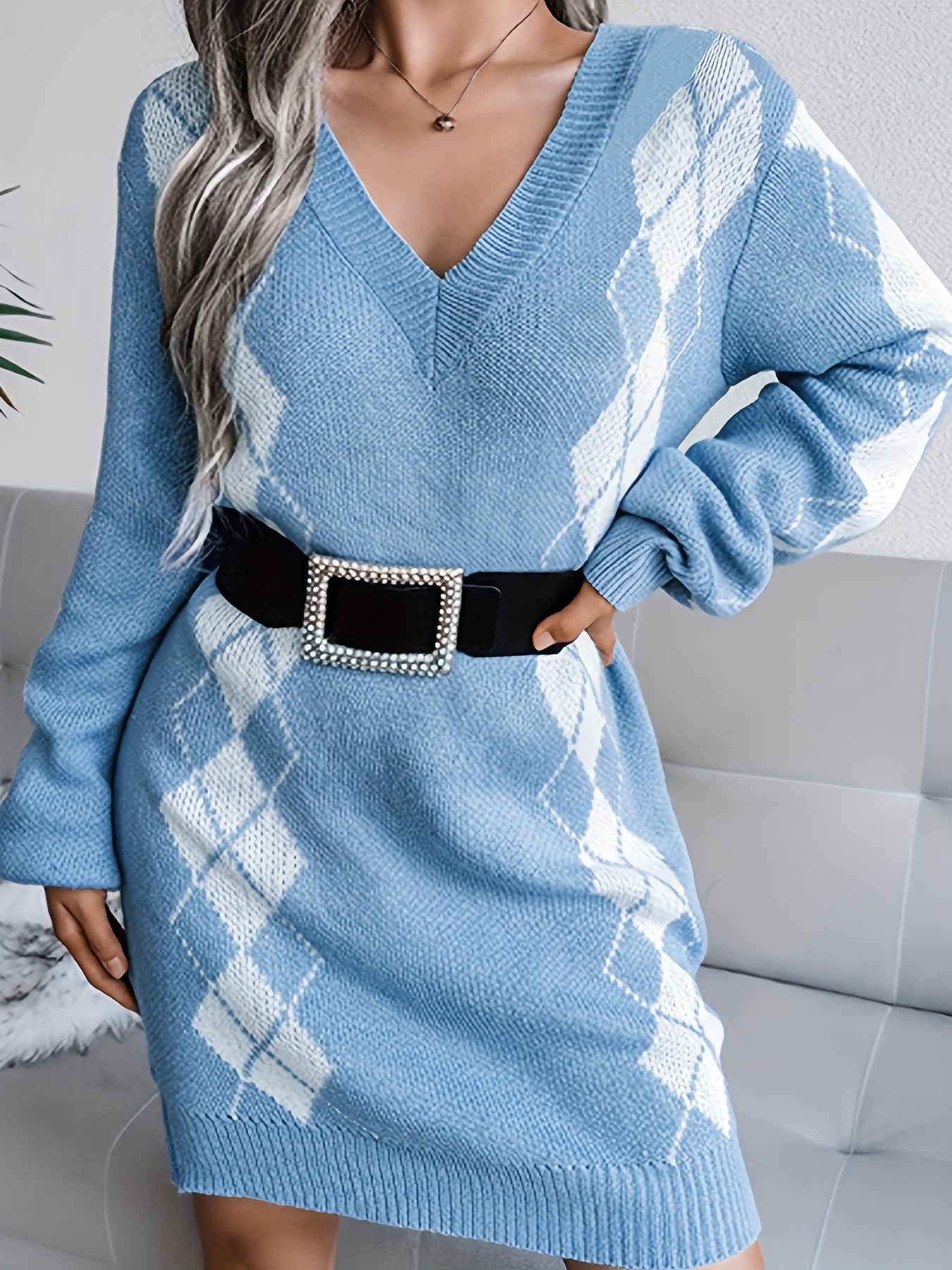 gbolsos   Plus Size Casual Sweater Dress, Women's Plus Argyle Print Long Sleeve V Neck Sweater Dress