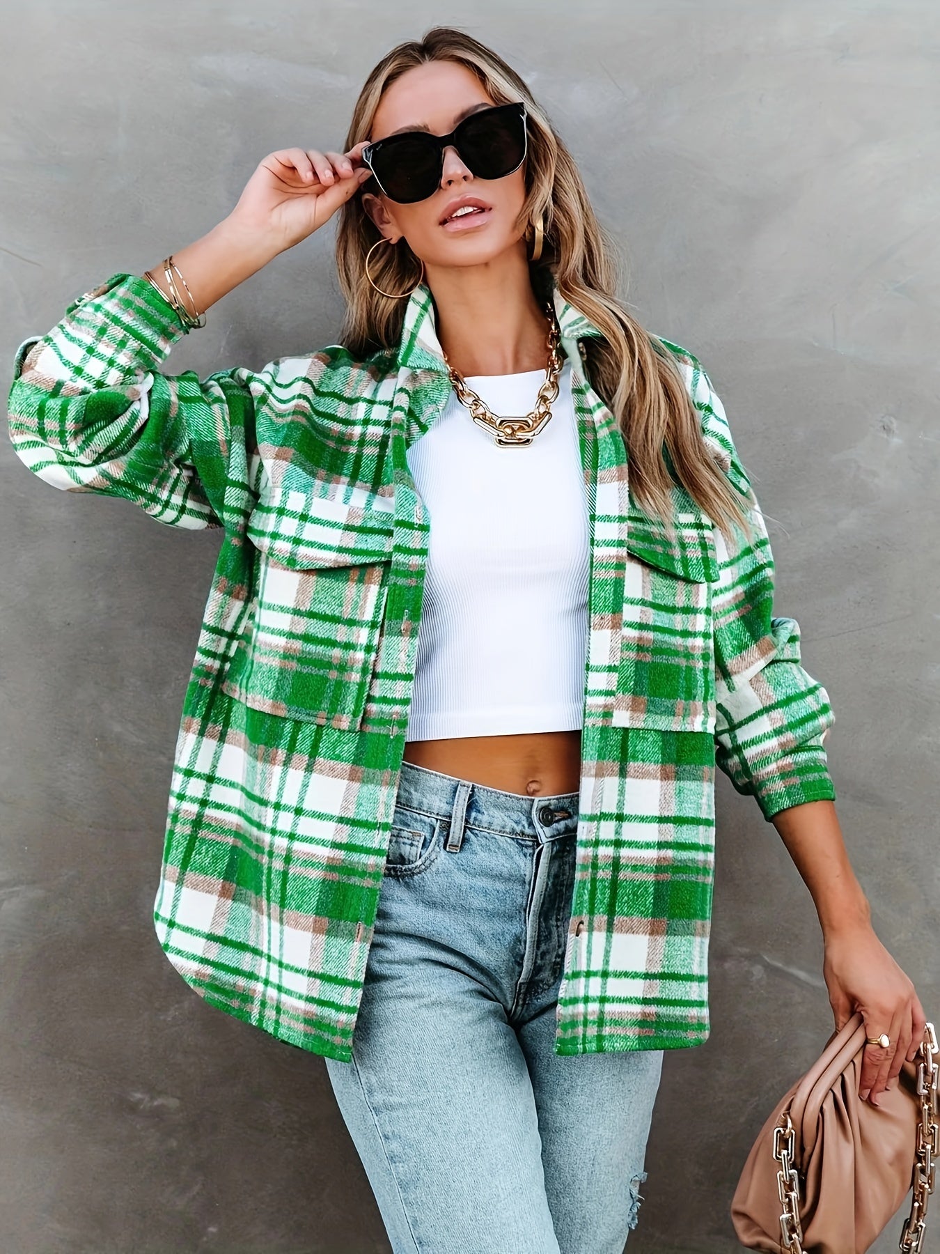 gbolsos  Plaid Button Front Jacket, Casual Lapel Long Sleeve Jacket For Spring & Fall, Women's Clothing