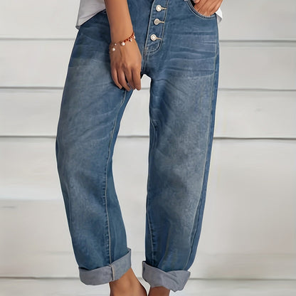 Rolled Hem Single-breasted Closure Denim Pants, Straight Legs Loose Fit Casual Denim Jeans, Women's Denim Jeans & Clothing