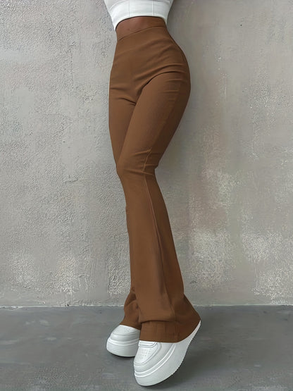 Casual Rib Simple Slim Leggings Pants, Solid High Waisted Fashion Fall & Winter Long Pants, Women's Clothing