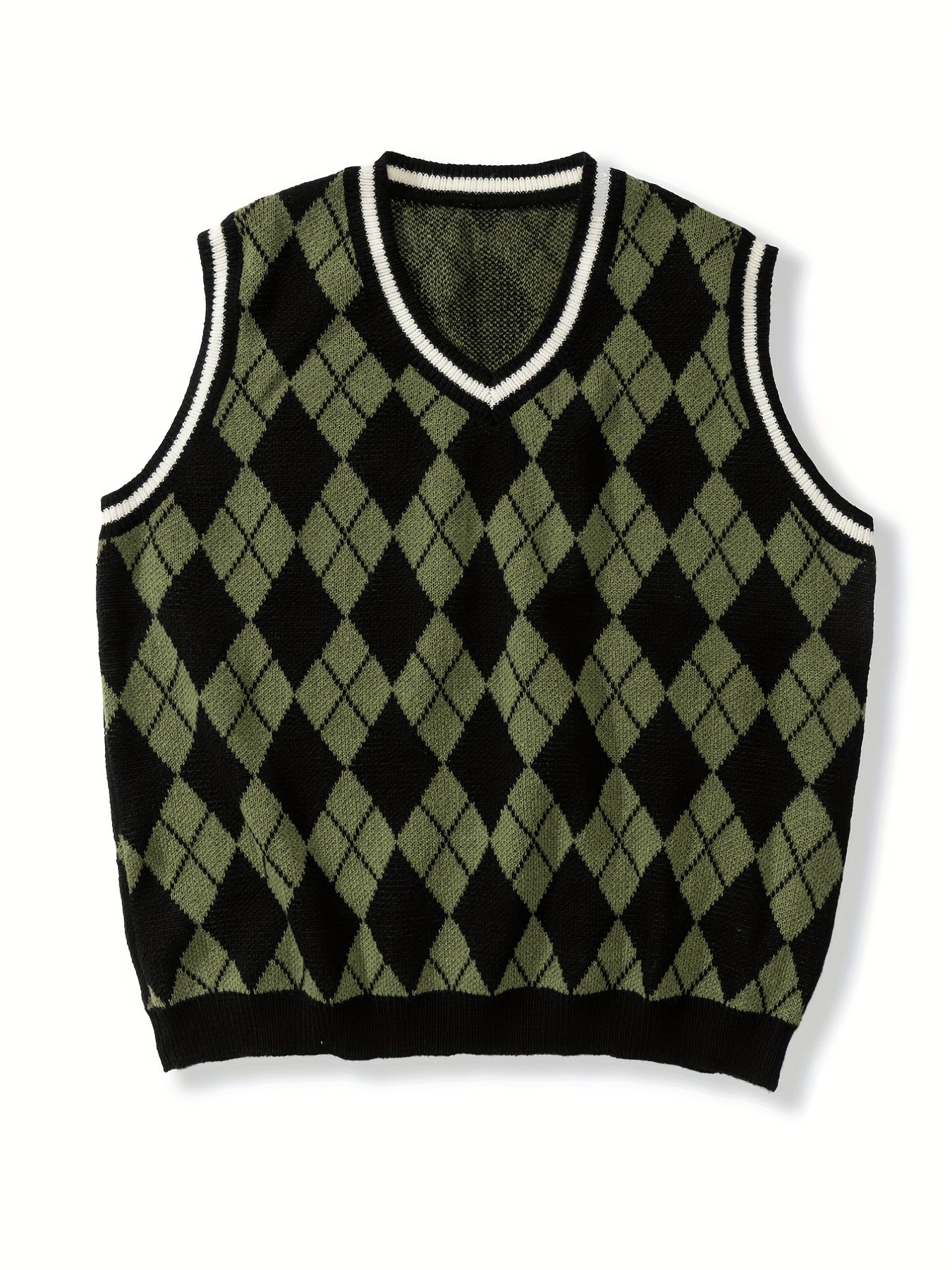 gbolsos  Men's Plus Size Argyle V-neck Sweater Vest, Sleeveless Pullover Knit Tops For Spring/autumn