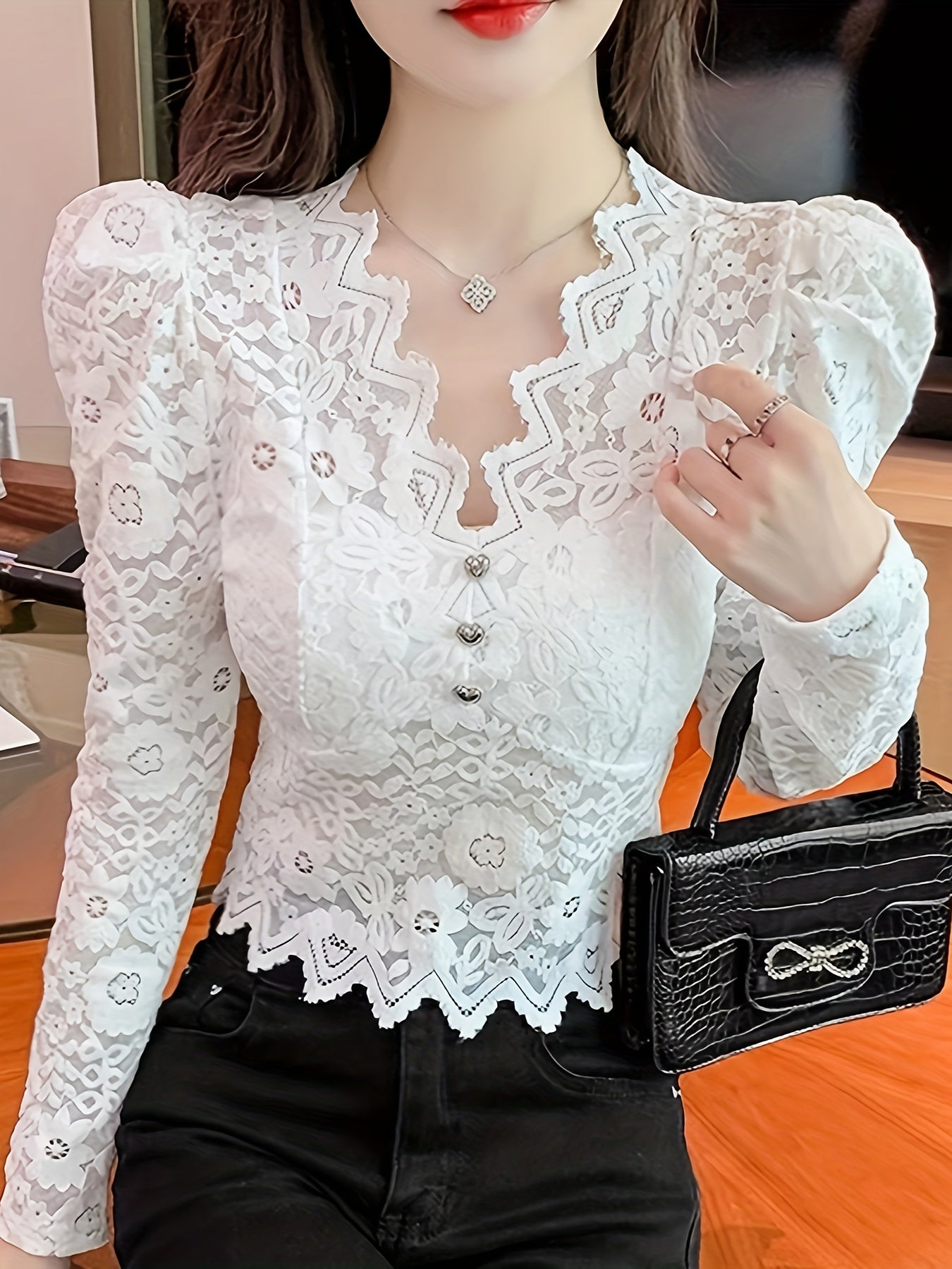 gbolsos  Floral Pattern Heart Button Decor Lace T-Shirt, Elegant V Neck Long Sleeve Top For Spring & Fall, Women's Clothing