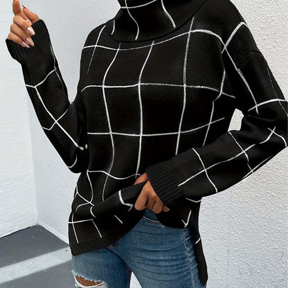 Plaid Pattern Turtleneck Knitted Pullover Top, Casual Long Sleeve Sweater For Fall & Winter, Women's Clothing