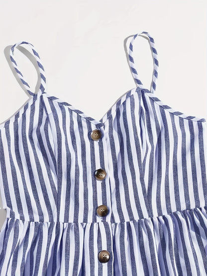 Striped Print Spaghetti Strap Dress, Casual V Neck Button Front Slim Waist Dress, Women's Clothing