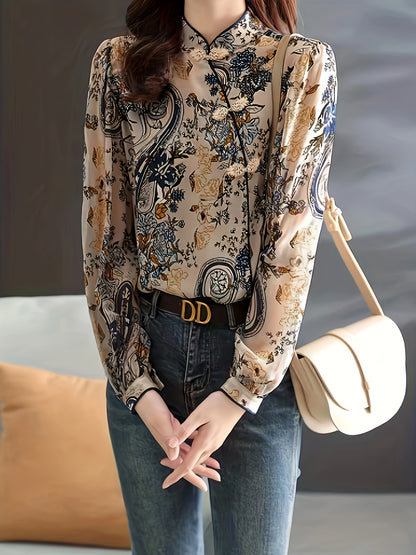 Frog Button Floral Print Top, Chinese Vintage Long Sleeve Mandarin Collar Top, Women's Clothing