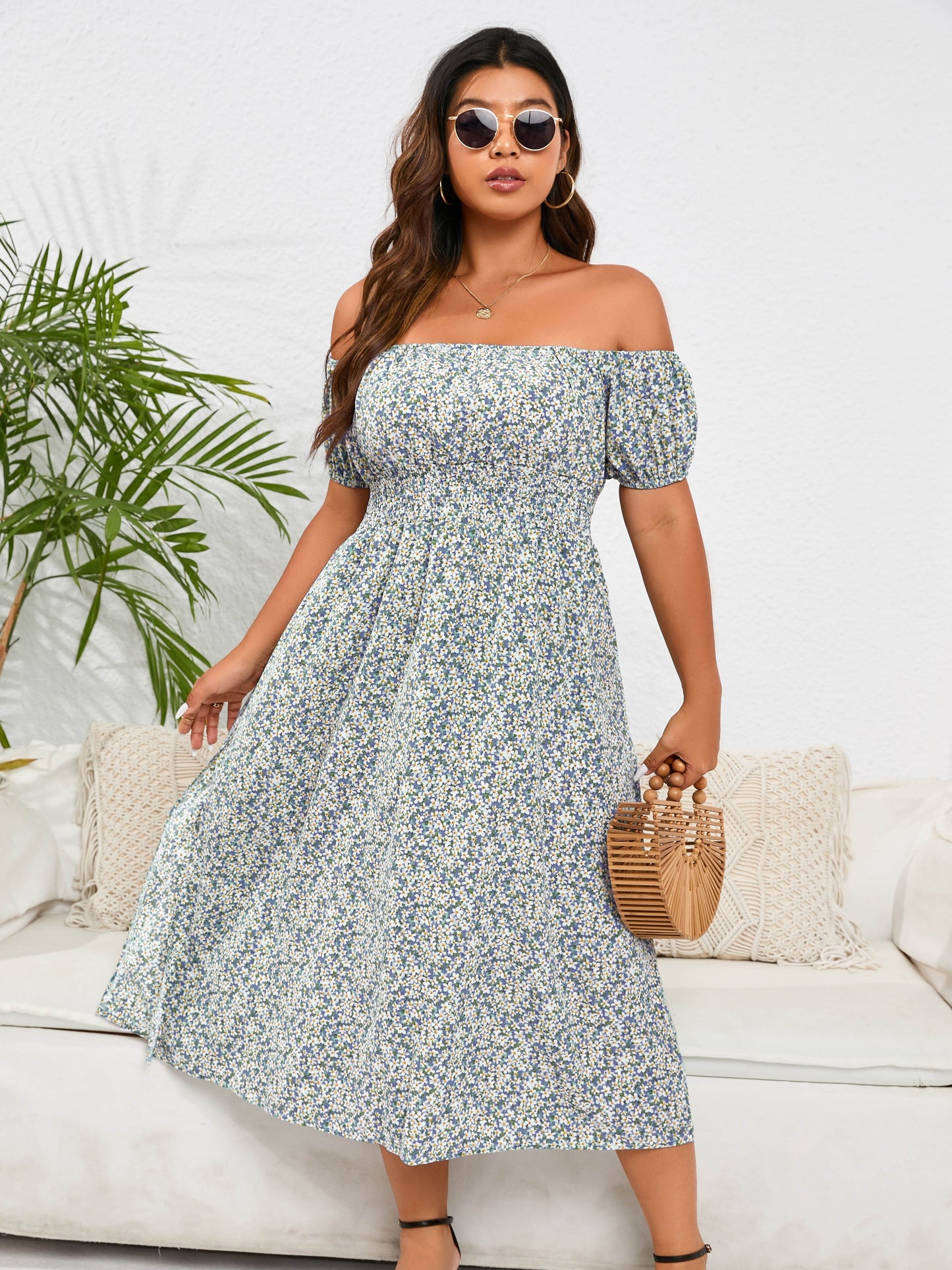 gbolsos  Plus Size Elegant Dress, Women's Plus Ditsy Floral Print Off Shoulder Shirred Nipped Waist Dress