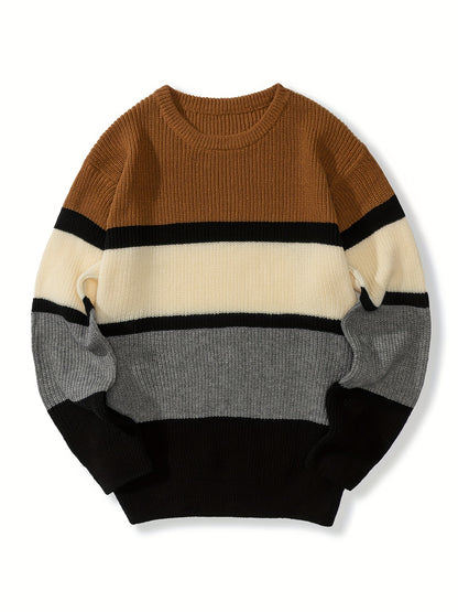 gbolsos  Plus Size Men's Fashion Stitching Color Stripe Sweater For Spring/autumn/winter, Long-sleeved Knit Pullover Sweater