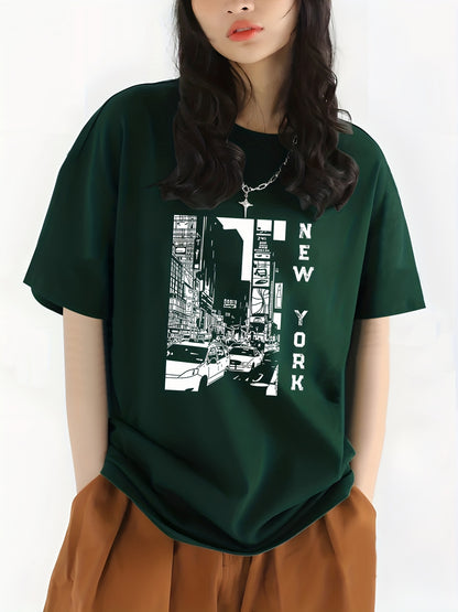 gbolsos  City View & New York Letter Print Crew Neck Casual T-Shirt, Solid Color Short Sleeve Fashion Pullover Top, Women's Clothing