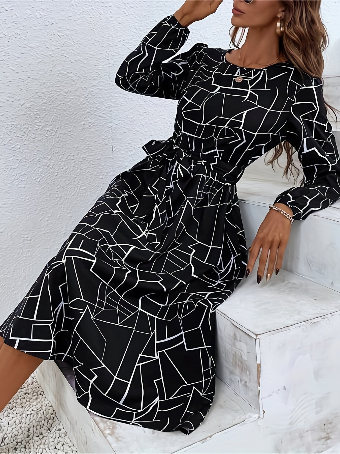 gbolsos  Geo Print Dress, Casual Crew Neck Long Sleeve Midi Dress, Women's Clothing