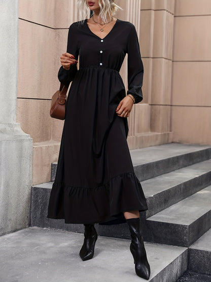 gbolsos  High Waist Simple Dress, Elegant V Neck Long Sleeve Midi Dress, Women's Clothing