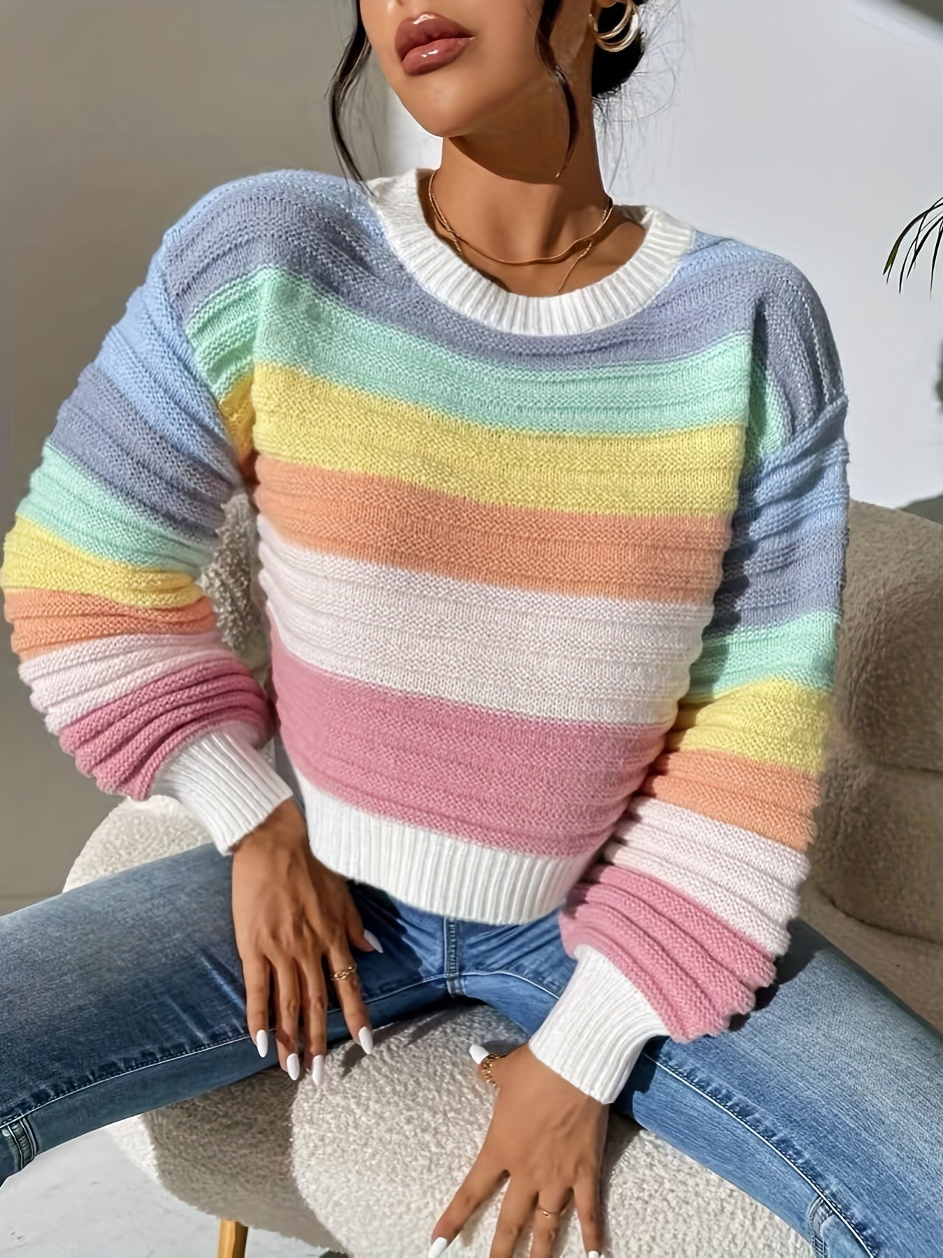 gbolsos  Striped Pattern Crew Neck Sweater, Casual Long Lantern Sleeve Sweater For Spring & Fall, Women's Clothing