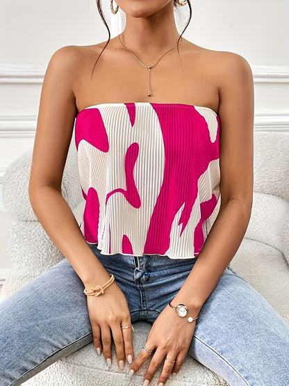 gbolsos  Abstract Print Pleated Tube Top, Sexy Off Shoulder Lettuce Trim Tube Top, Women's Clothing