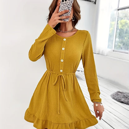 Ruffle Hem Button Front Dress, Casual Long Sleeve Crew Neck Drawstring Dress, Women's Clothing