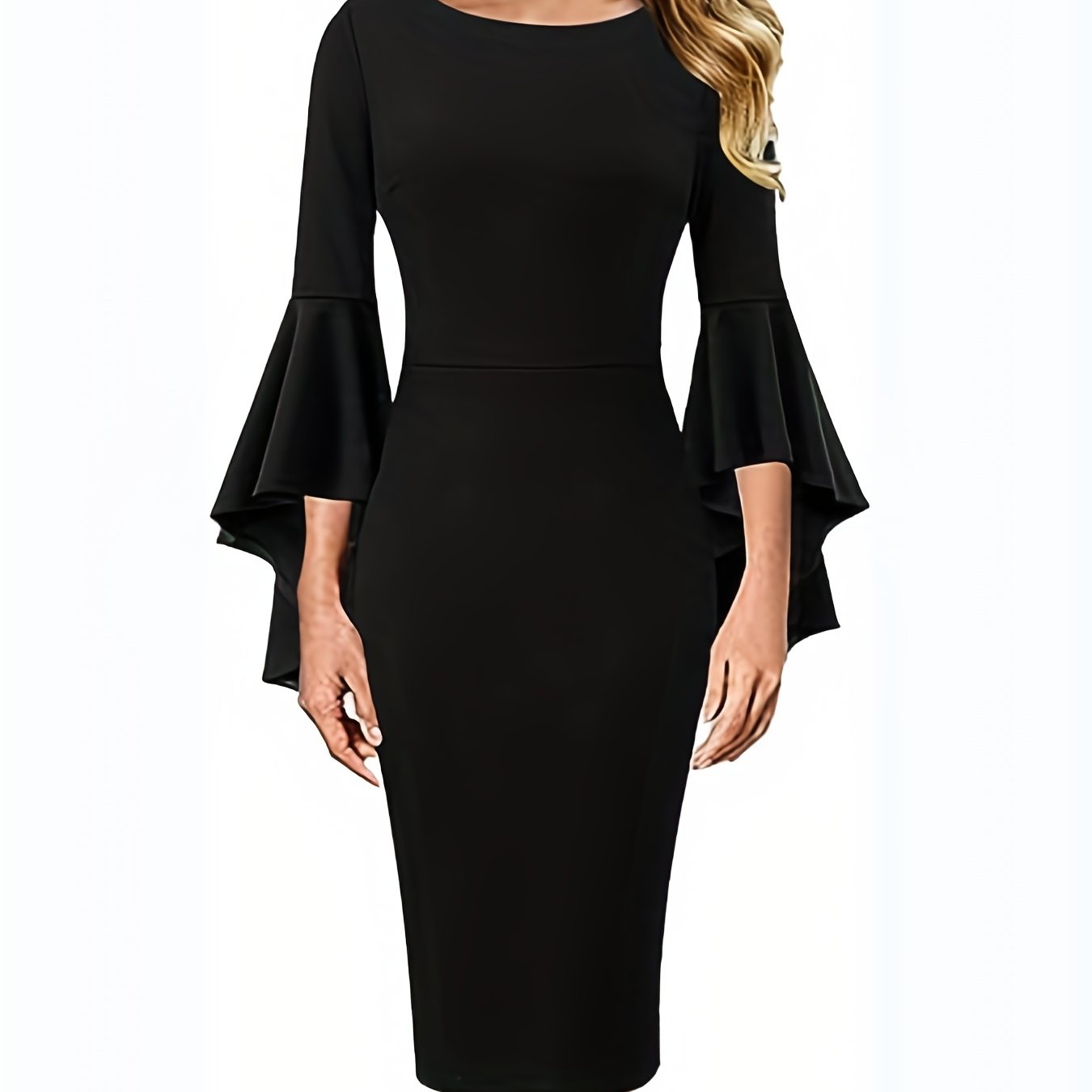 gbolsos  Solid Flare Sleeve Slim Dress, Elegant Bodycon Dress For Party & Banquet, Women's Clothing