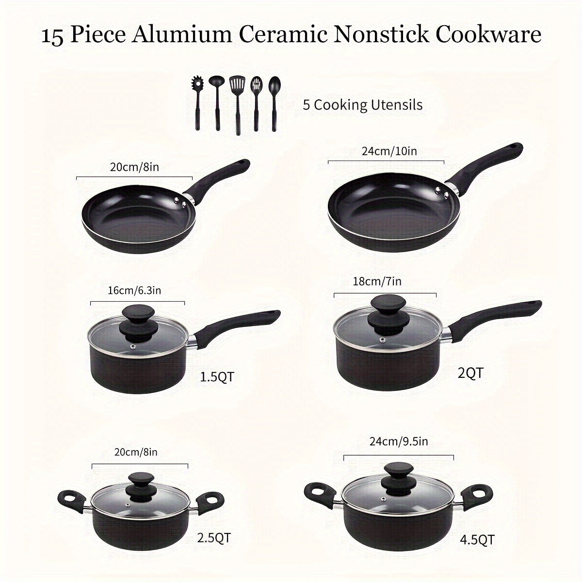 15-Piece Deluxe Nonstick Cookware Set - Durable, Easy-to-Clean, Heat-Resistant Pots and Pans for Cooking, Frying, Boiling - Ideal Gift for Family, Friends, Seniors, and Newlyweds