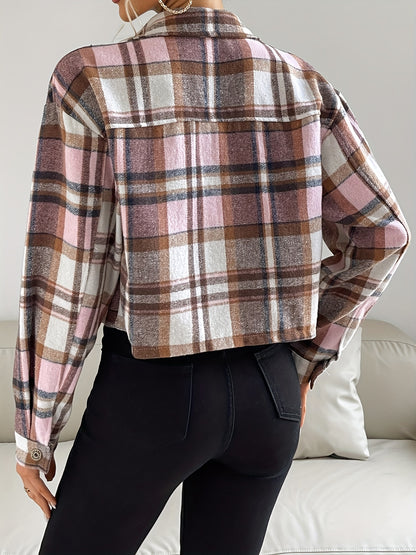 gbolsos  Button Plaid Lapel Jacket, Casual Flap Pockets Long Sleeve Crop Jacket, Women's Clothing