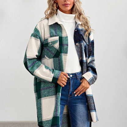 gbolsos  Women's Outerwear Mid Length Plaid Jacket Lounge Lapel Button Up Long Sleeve Plaid Long Shirt Spring Coat