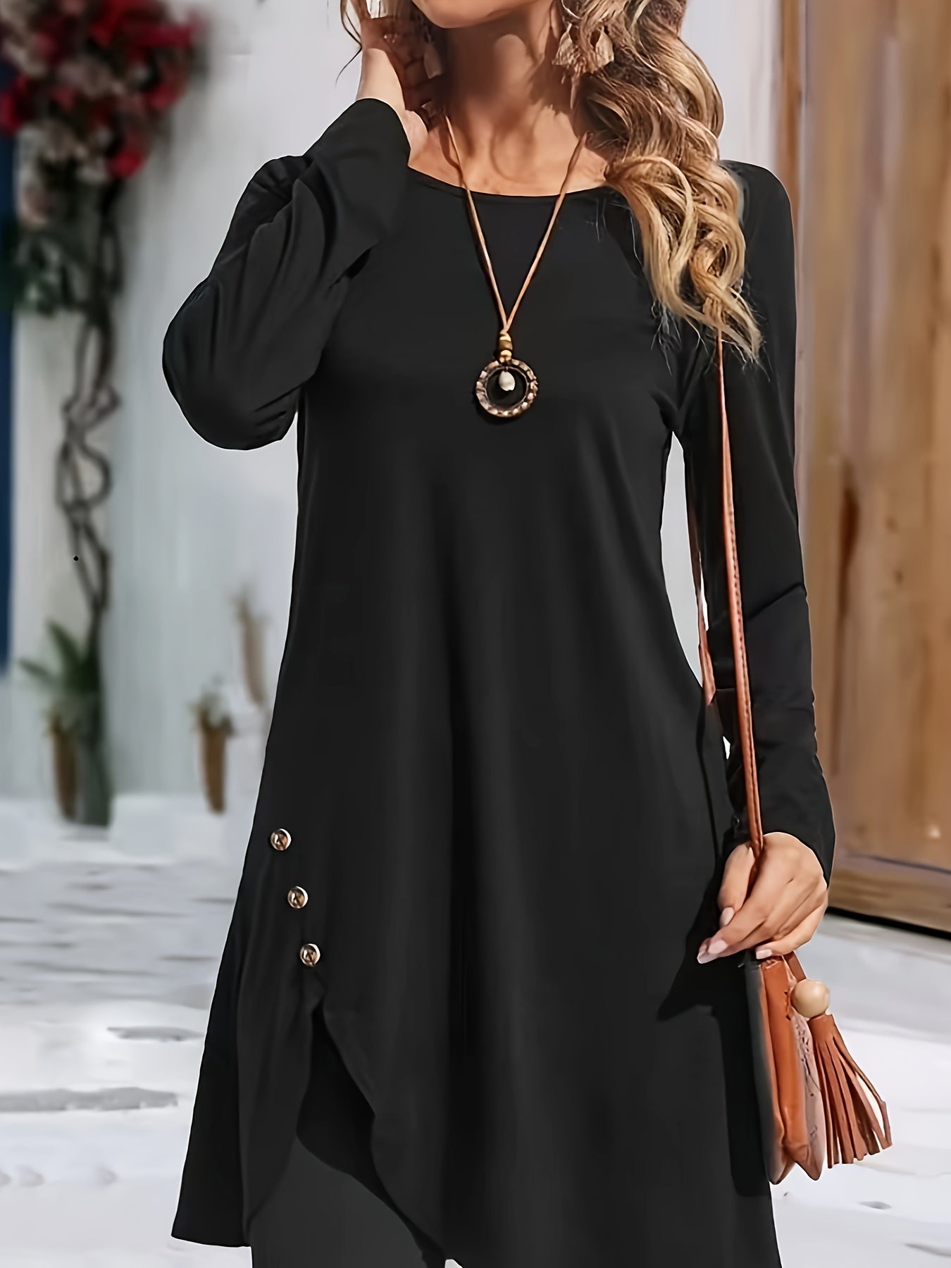 gbolsos  Simple Mini Dress, Casual Crew Neck Long Sleeve Dress With Buttons, Women's Clothing