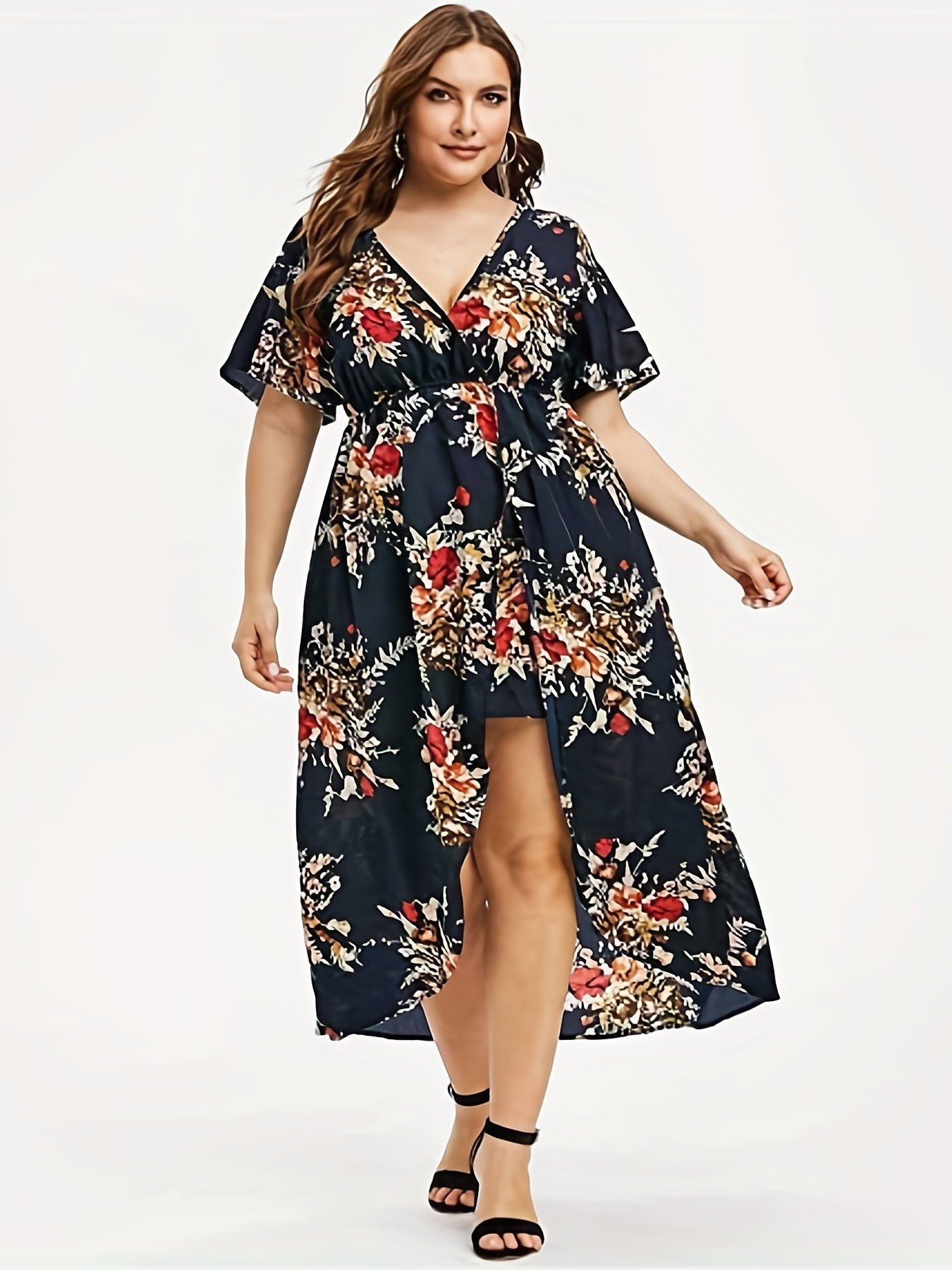 Plus Size Elegant Dress, Women's Plus Floral Print Short Sleeve V Neck Layered Hem Dress