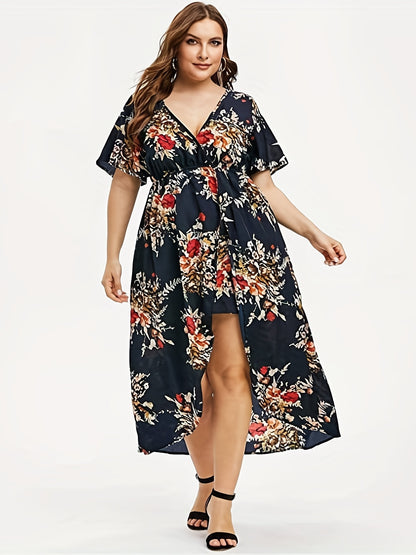 Plus Size Elegant Dress, Women's Plus Floral Print Short Sleeve V Neck Layered Hem Dress