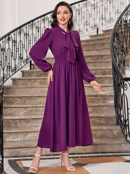 Tie Neck Shirred Waist Dress, Elegant Solid Long Sleeve Maxi Dress, Women's Clothing