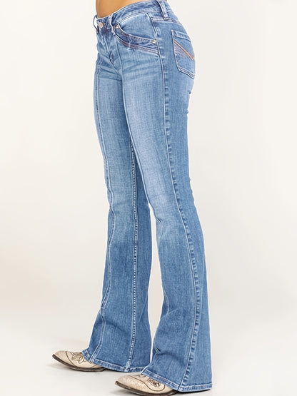 gbolsos  Mid Rise Flare Jeans, Slash Pockets Bell Bottom Wide Leg Slim Fit Denim Pants, Women's Denim Jeans & Clothing