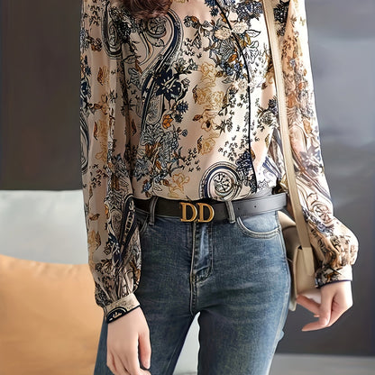 Frog Button Floral Print Top, Chinese Vintage Long Sleeve Mandarin Collar Top, Women's Clothing