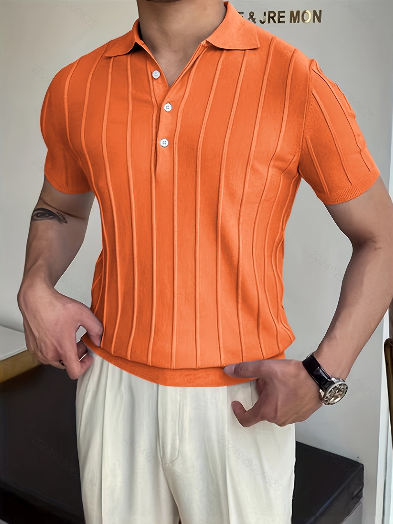 gbolsos  Vertical Striped Chic Polo Shirt, Men's Casual Solid Color High Stretch V-Neck Pullover Sweater For Summer