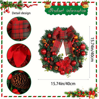 15.74" Elegant Christmas Wreath with Pine Cones & Red Berries - Perfect for Holiday Decor, Wall Hanging, No Power Needed, Ideal for Home & Office Festive Atmosphere