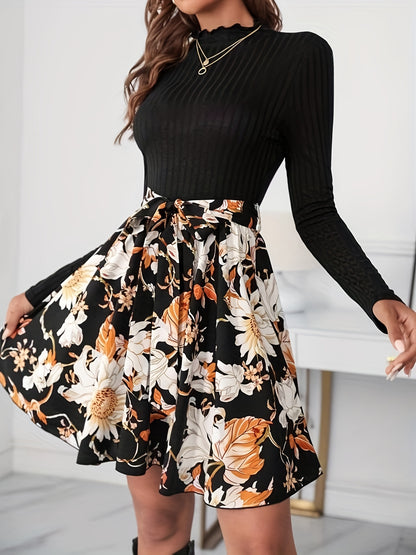 gbolsos  Floral Print Mock Neck Dress, Casual Long Sleeve Belted Dress, Women's Clothing