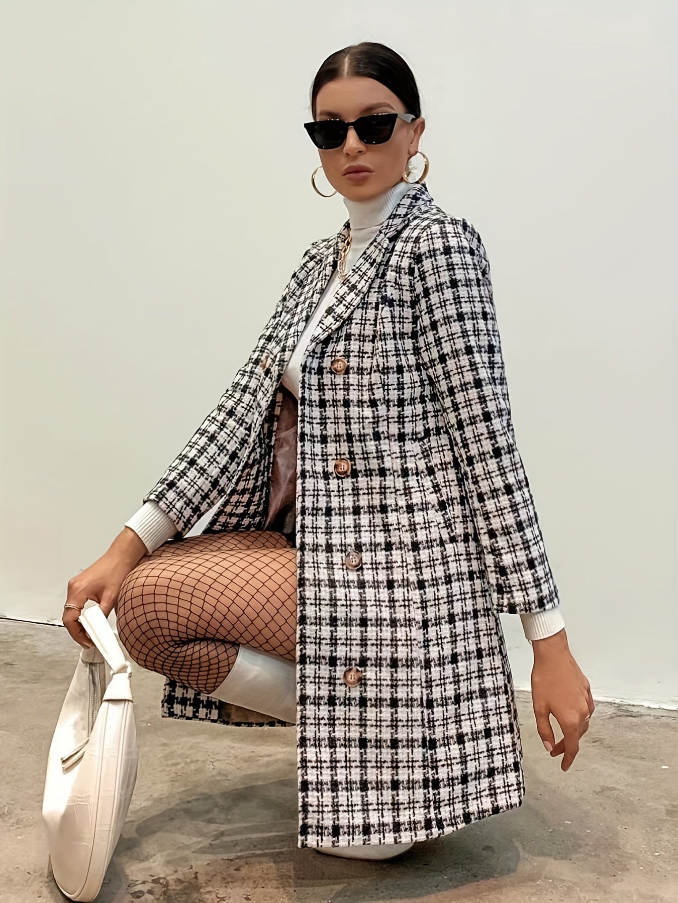 Houndstooth Print Double Breasted Coat, Elegant Long Sleeve Lapel Blazer, Women's Clothing