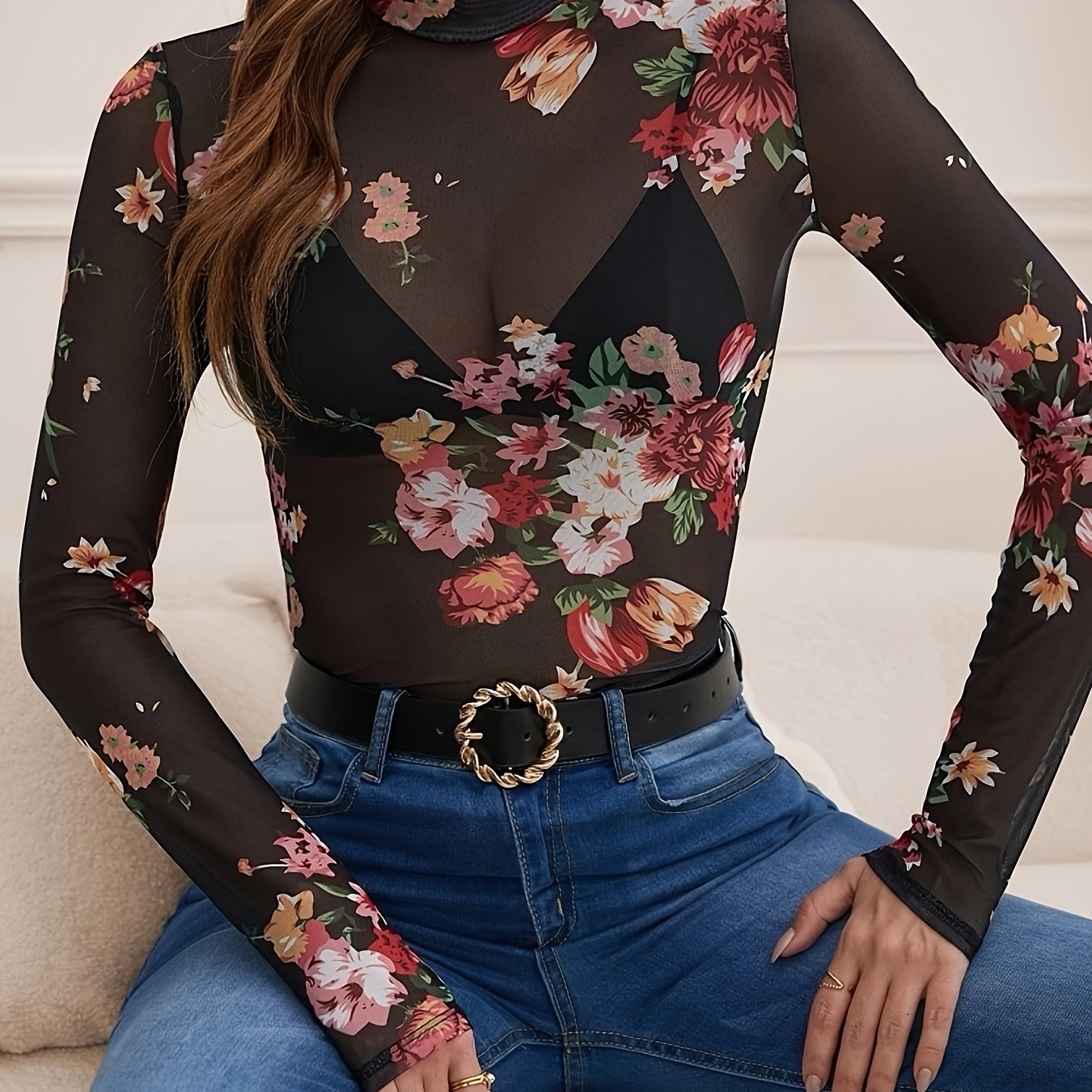 Floral Pattern Mesh Mock Neck T-Shirt, Casual Long Sleeve Top For Spring & Fall, Women's Clothing