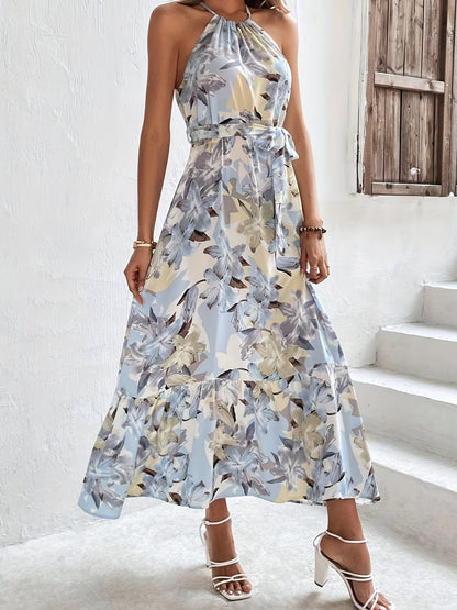 Floral Print Ruched Dress, Boho Sleeveless Ruffle Maxi Dress, Women's Clothing