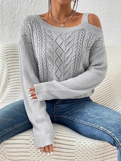 Solid Cold Shoulder Pointelle Knit Sweater, Casual Long Sleeve Sweater For Spring & Fall, Women's Clothing