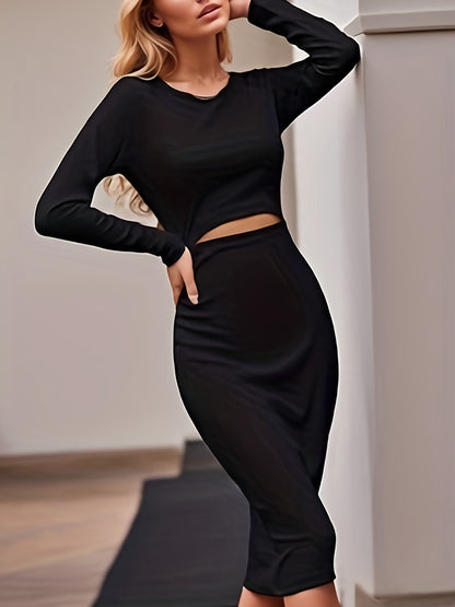 Cut Out Bodycon Dress, Sexy Crew Neck Long Sleeve Midi Dress, Women's Clothing