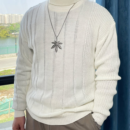 Men's Turtleneck Rib Knit White Sweater