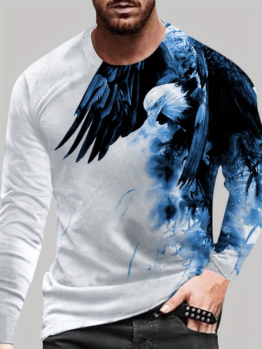 gbolsos   3D Eagle Pattern Print, Men's Graphic Design Crew Neck Long Sleeves T-shirt, Casual Comfy Shirts For Spring Autumn, Men's Clothing Tops