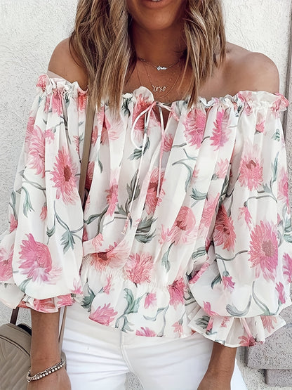 gbolsos  Off Shoulder Floral Print Blouse, Casual Ruffle Trim Blouse, Women's Clothing