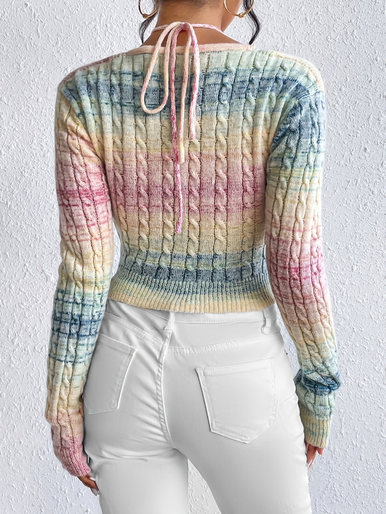 gbolsos  Gradient Cable Knit Sweater, Casual Cut Out Long Sleeve Sweater, Women's Clothing