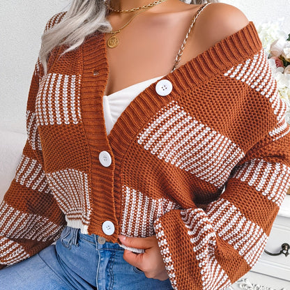 gbolsos  Chunky Knit V Neck Button Down Long Lantern Sleeve Cardigan, Casual Open Front Autumn Comfy Sweater, Women's Clothing