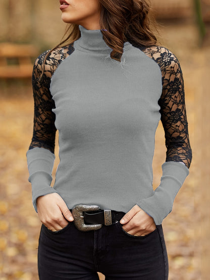 gbolsos  Floral Lace Patchwork Ribbed Knit Tops, Stylish Winter Turtleneck Sweater, Women's Clothing