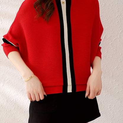 Color Block Boat Neck Knit Sweater, Elegant Long Sleeve Sweater, Women's Clothing