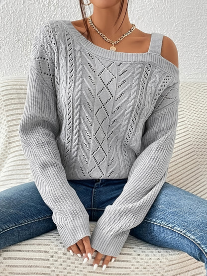 Solid Cold Shoulder Pointelle Knit Sweater, Casual Long Sleeve Sweater For Spring & Fall, Women's Clothing